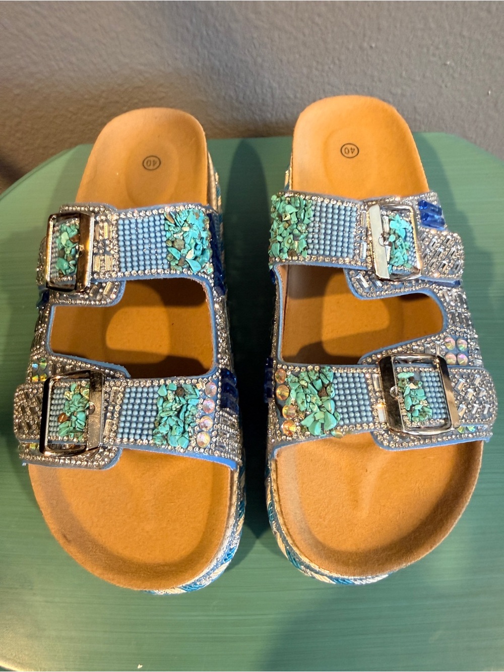Boutique Sz 9.5 Bedazzled Beaded Blue Platform Slide Sandals Buckle Straps | EUC - Picture 6 of 11